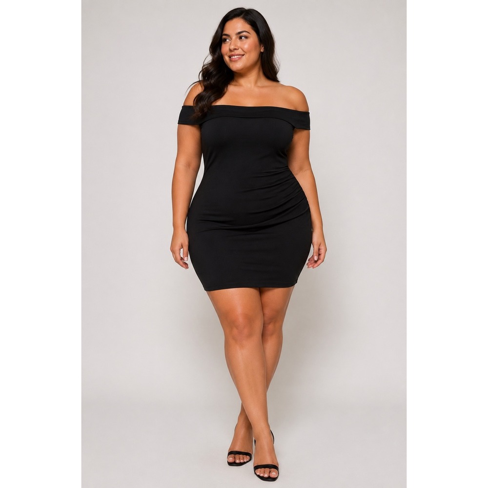Popilush XXL Black Off Shoulder Ruched Shapewear Mini Dress Built-In Bodysuit